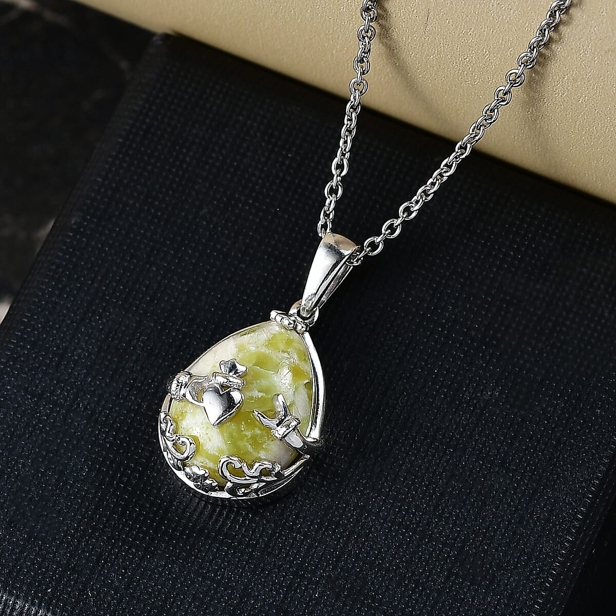 D'Joy Connemara Marble 8.90 ctw Claddagh Pendant in Platinum Over Sterling Silver with Stainless Steel Necklace 20 Inches image number 1
