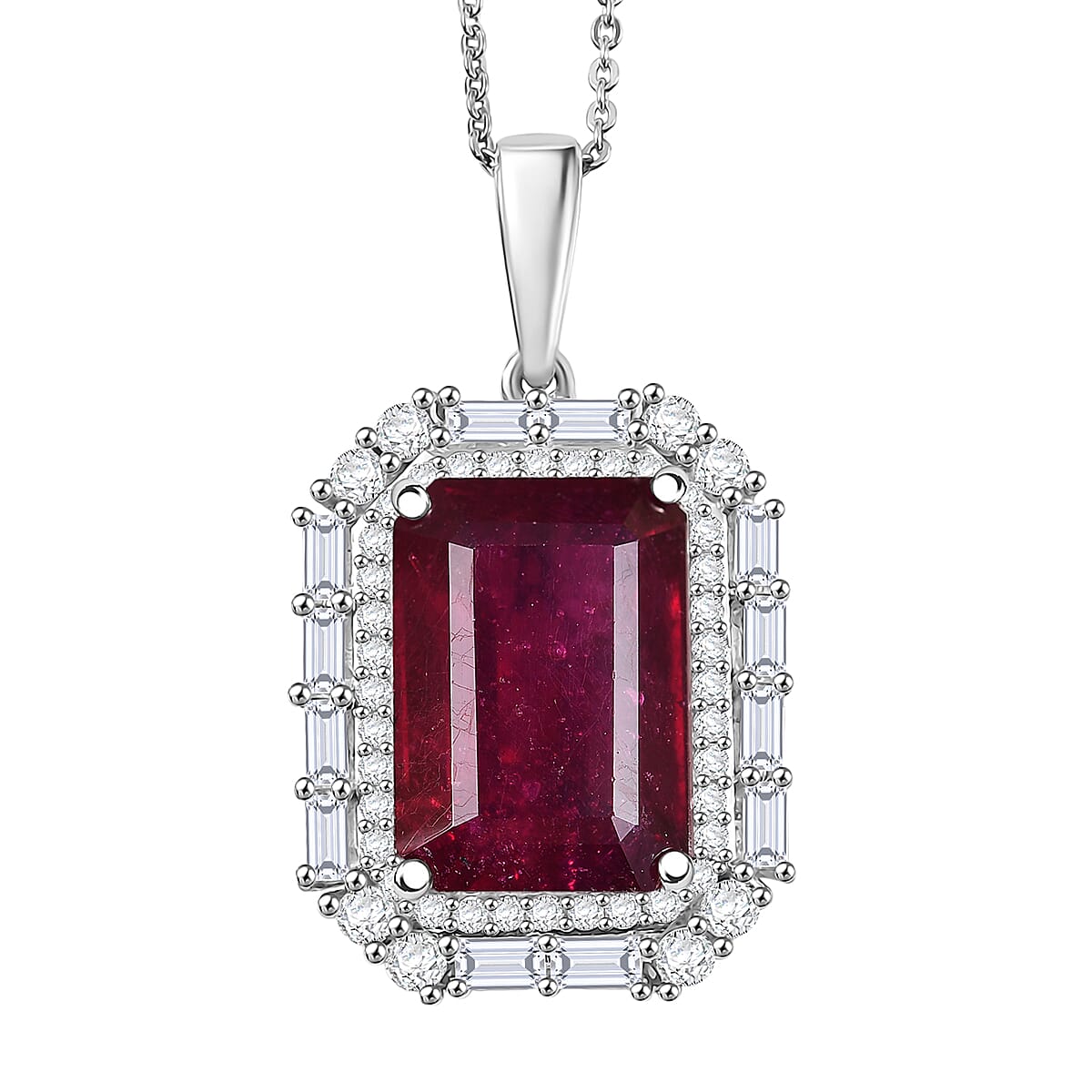 D'Joy Premium Niassa Ruby (FF) and Moissanite 12.90 ctw Art Deco Pendant Necklace in Rhodium Over Sterling Silver 20 Inches image number 0