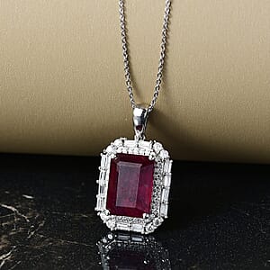D'Joy Premium Niassa Ruby (FF) and Moissanite 12.90 ctw Art Deco Pendant Necklace in Rhodium Over Sterling Silver 20 Inches