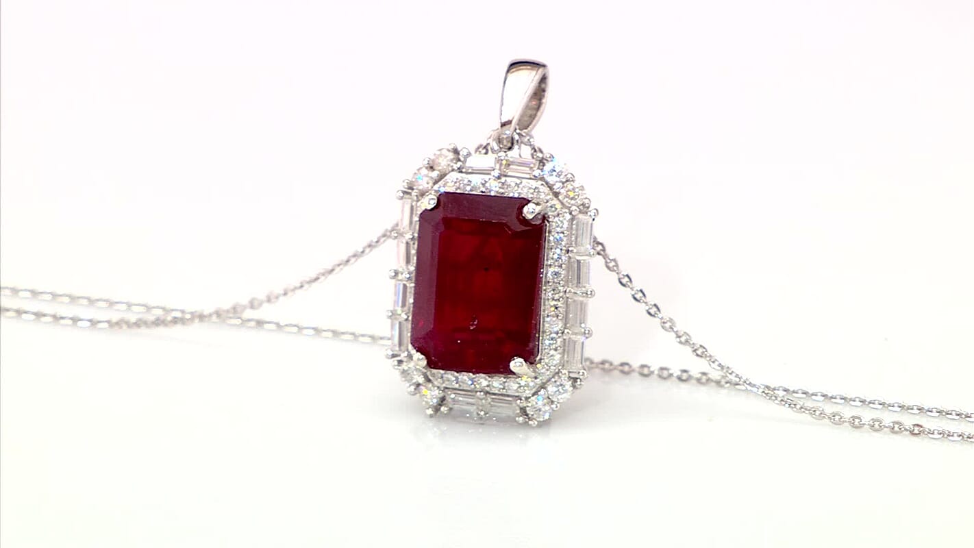 D'Joy Premium Niassa Ruby (FF) and Moissanite 12.90 ctw Art Deco Pendant Necklace in Rhodium Over Sterling Silver 20 Inches