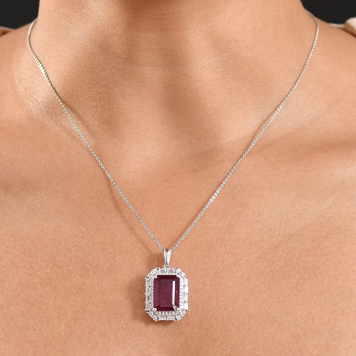 D'Joy Premium Niassa Ruby (FF) and Moissanite 12.90 ctw Art Deco Pendant Necklace in Rhodium Over Sterling Silver 20 Inches image number 2