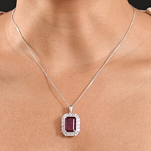 D'Joy Premium Niassa Ruby (FF) and Moissanite 12.90 ctw Art Deco Pendant Necklace in Rhodium Over Sterling Silver 20 Inches