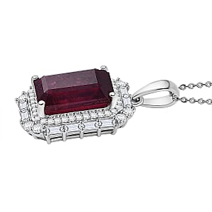 D'Joy Premium Niassa Ruby (FF) and Moissanite 12.90 ctw Art Deco Pendant Necklace in Rhodium Over Sterling Silver 20 Inches