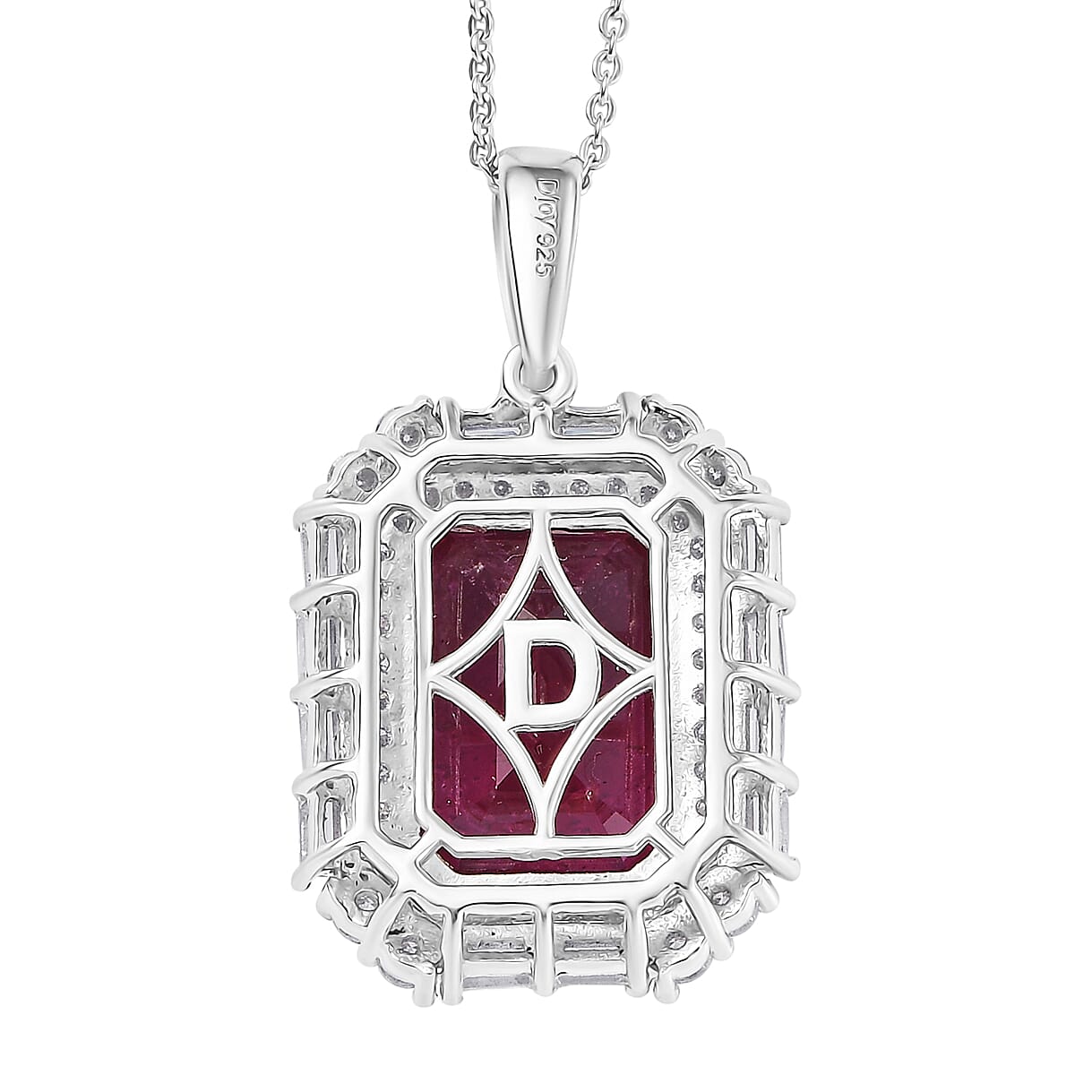 D'Joy Premium Niassa Ruby (FF) and Moissanite 12.90 ctw Art Deco Pendant Necklace in Rhodium Over Sterling Silver 20 Inches image number 4