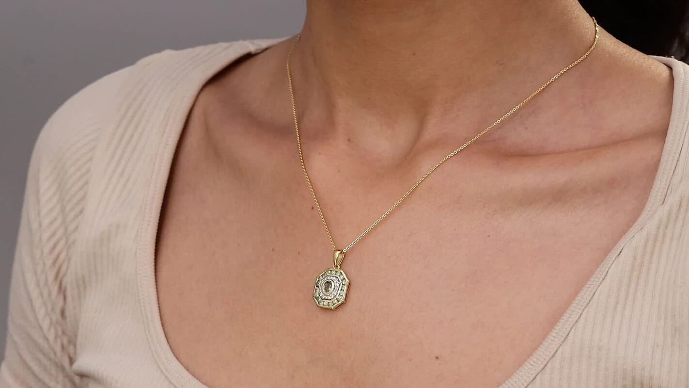D'Joy Ambanja Demantoid Garnet and Moissanite 1.75 ctw Forest Deco Pendant Necklace in 18K Vermeil Yellow Gold Over Sterling Silver 20 Inches