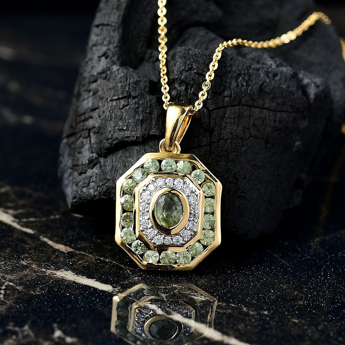D'Joy Ambanja Demantoid Garnet and Moissanite 1.75 ctw Forest Deco Pendant Necklace in 18K Vermeil Yellow Gold Over Sterling Silver 20 Inches image number 1