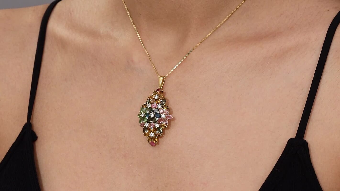 D'Joy Premium Multi-Tourmaline and White Zircon 10.75 ctw Bunch of Flowers Pendant Necklace in 18K Vermeil Yellow Gold Over Sterling Silver 20 Inches
