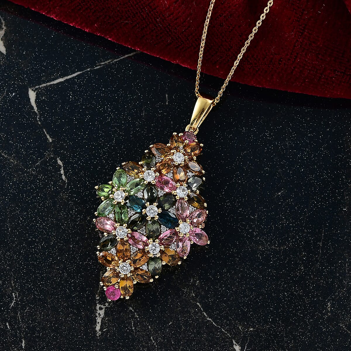 D'Joy Premium Multi-Tourmaline and White Zircon 10.75 ctw Pendant Necklace in 18K Vermeil Yellow Gold Over Sterling Silver 20 Inches image number 1