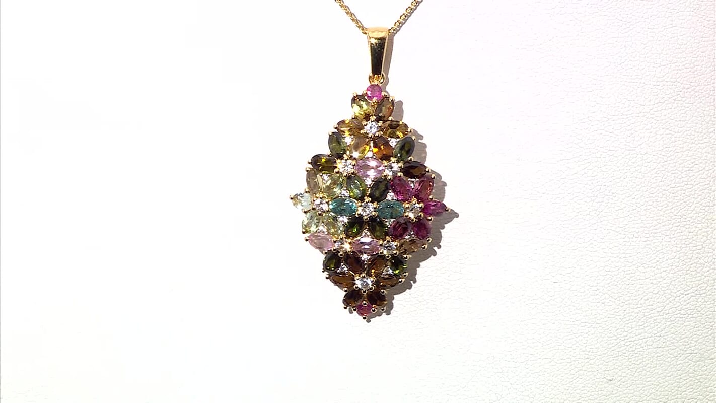 D'Joy Premium Multi-Tourmaline and White Zircon 10.75 ctw Bunch of Flowers Pendant Necklace in 18K Vermeil Yellow Gold Over Sterling Silver 20 Inches