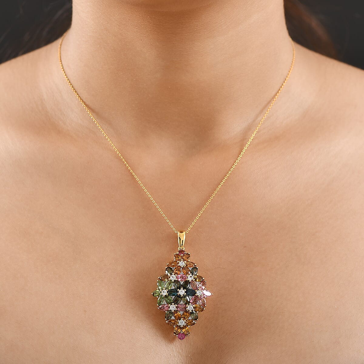 D'Joy Premium Multi-Tourmaline and White Zircon 10.75 ctw Pendant Necklace in 18K Vermeil Yellow Gold Over Sterling Silver 20 Inches image number 2