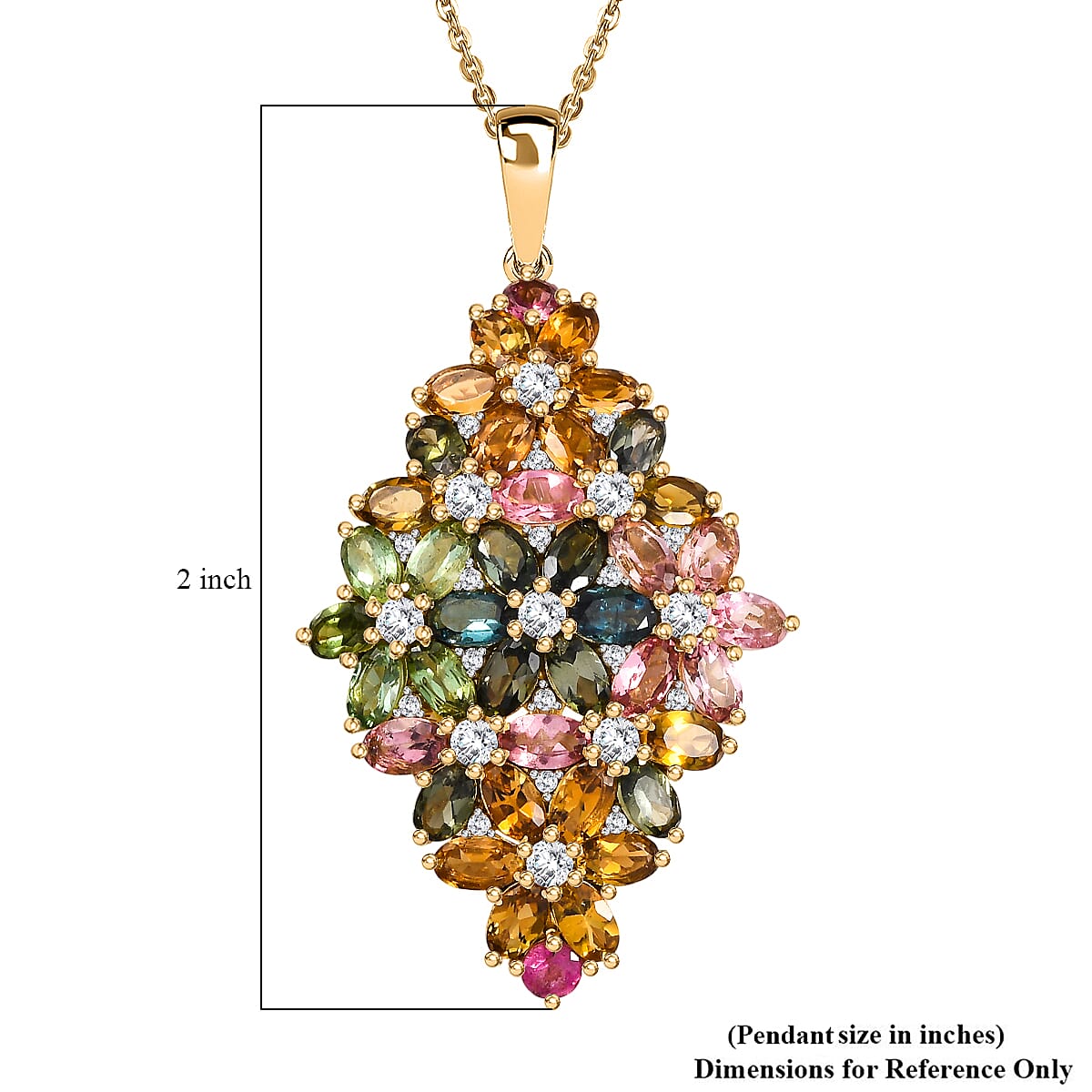 D'Joy Premium Multi-Tourmaline and White Zircon 10.75 ctw Bunch of Flowers Pendant Necklace in 18K Vermeil Yellow Gold Over Sterling Silver 20 Inches