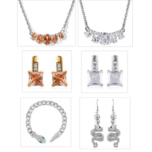 6 Piece Set - Multi Gemstone Necklace (18-20 Inches), Stud Earrings and Bracelet in Sterling Silver, Stainless Steel and Silvertone 12.40 ctw