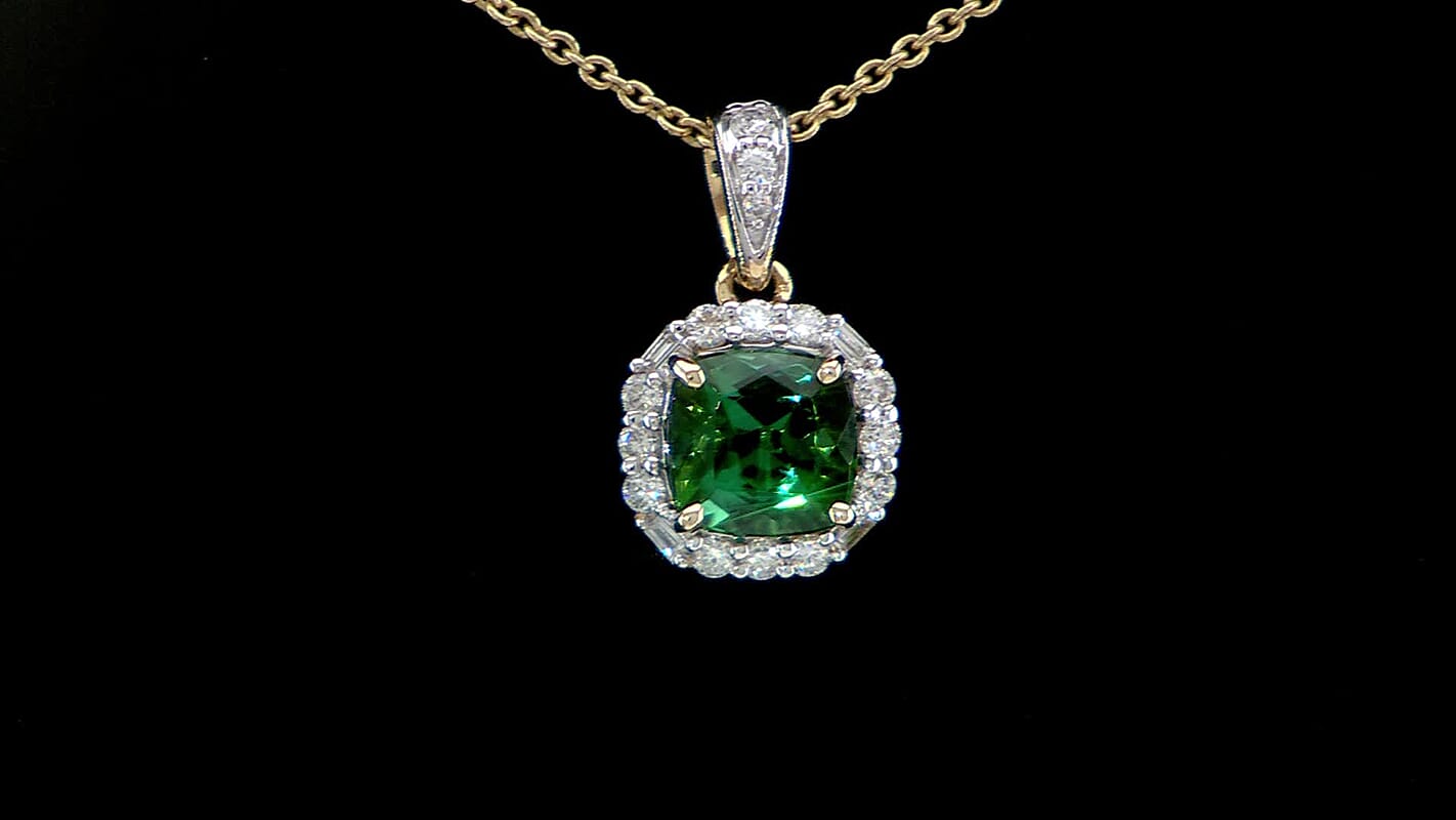Certified & Appraised AAA Santa Rosa Tourmaline and G-H SI Luxuriant Lab Grown Diamond 1.45 ctw Pendant Necklace in 10K Yellow Gold 20 Inches