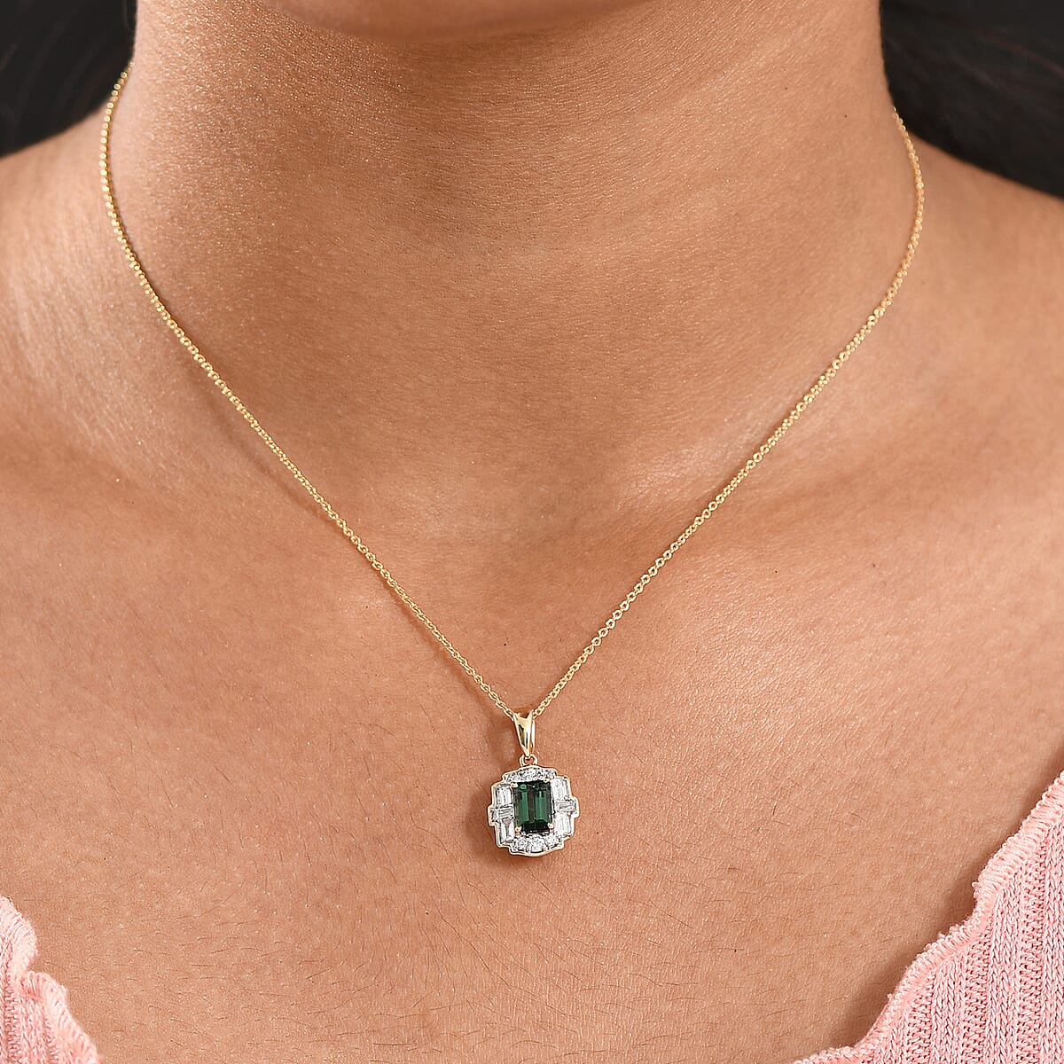 Certified & Appraised AAA Santa Rosa Tourmaline and G-H SI Luxuriant Lab Grown Diamond 1.77 ctw Pendant Necklace in 10K Yellow Gold 20 Inches image number 2