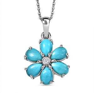D'Joy Sleeping Beauty Turquoise and White Zircon 2.35 ctw Pendant Necklace in Rhodium Over Sterling Silver 20 Inches 