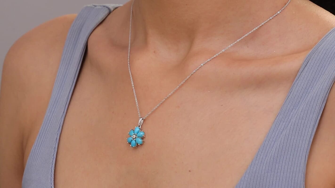 D'Joy Sleeping Beauty Turquoise, White Zircon Pendant Necklace (20 Inches) in Rhodium Over Sterling Silver 2.35 ctw