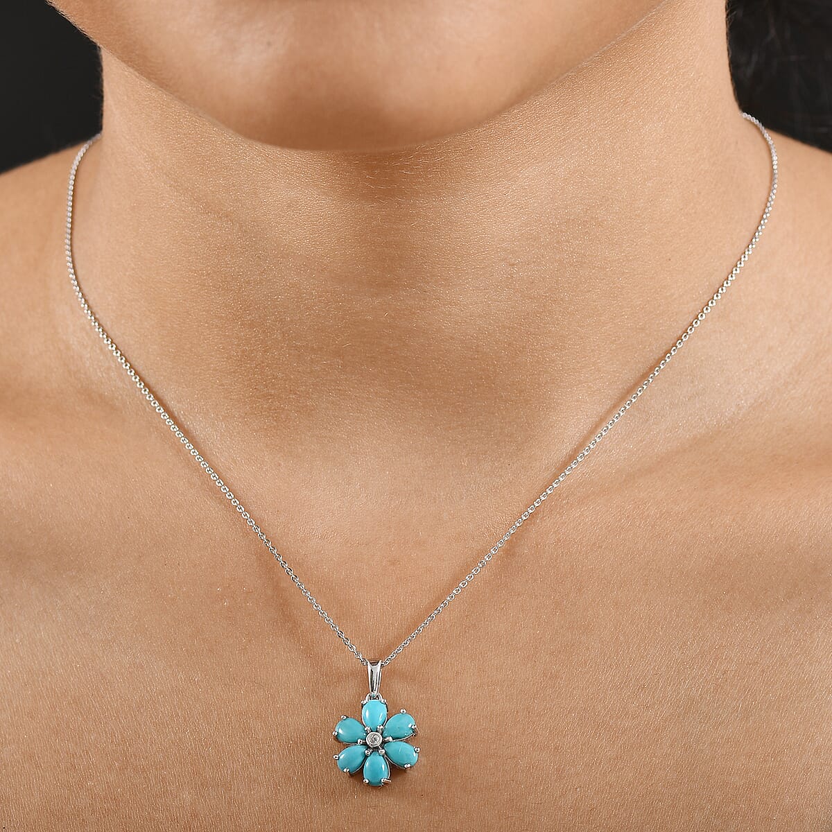 D'Joy Sleeping Beauty Turquoise and White Zircon 2.35 ctw Pendant Necklace in Rhodium Over Sterling Silver 20 Inches  image number 1