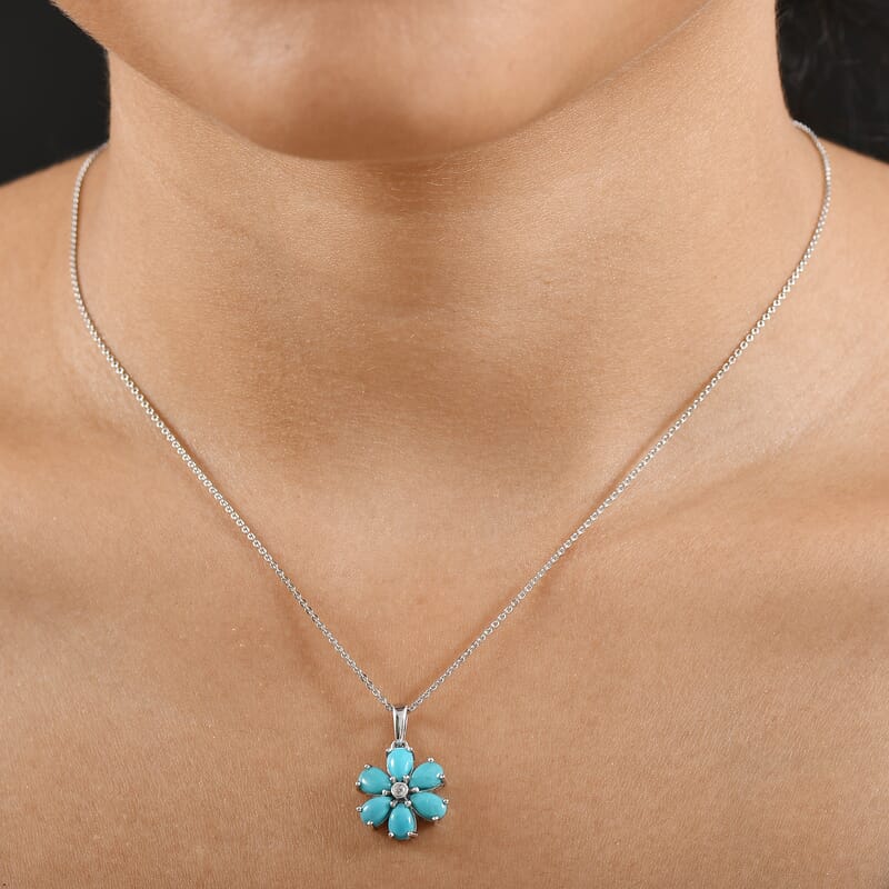 D'Joy Sleeping Beauty Turquoise and White Zircon 2.35 ctw Pendant Necklace in Rhodium Over Sterling Silver 20 Inches 