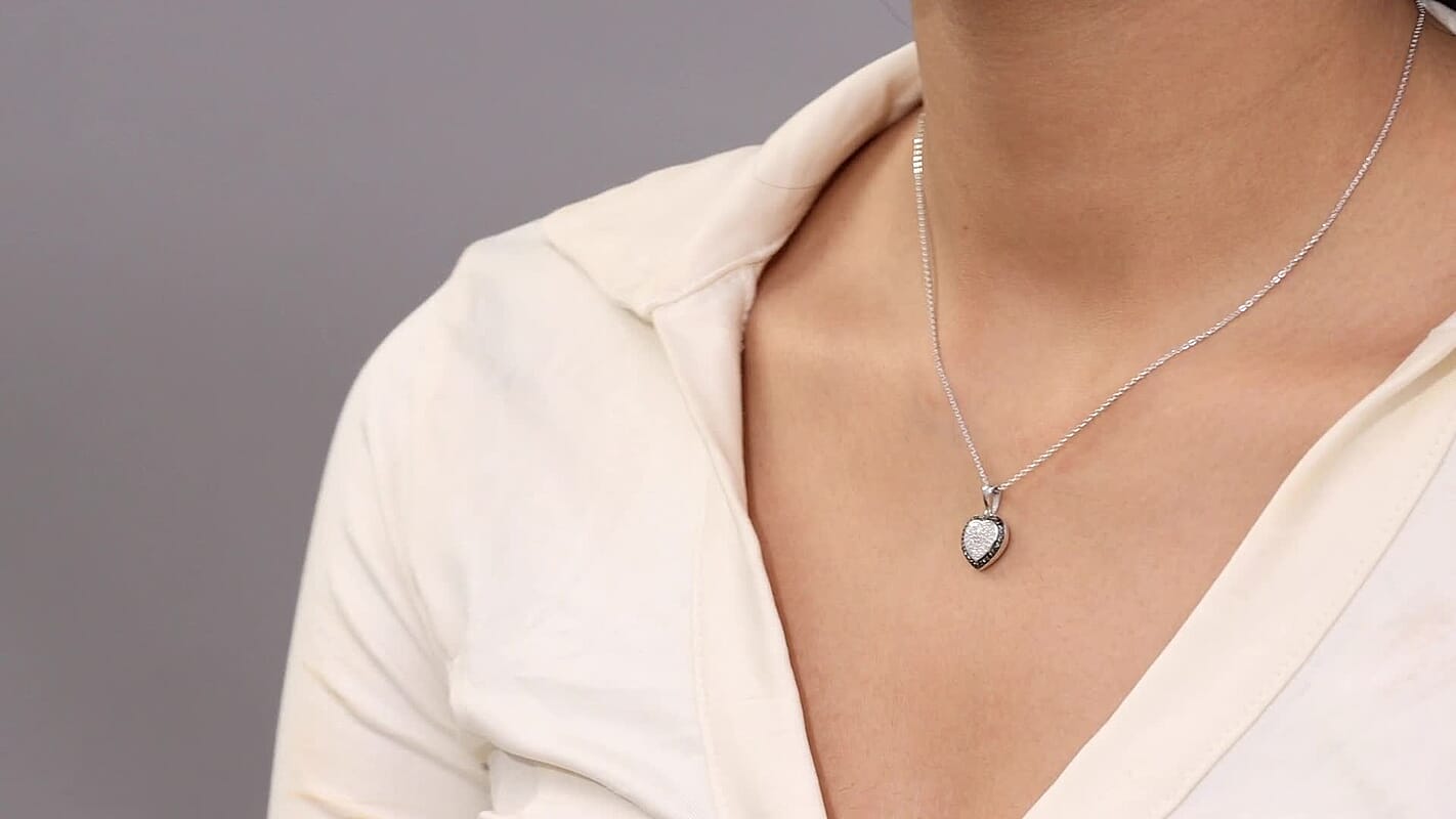 D'Joy White and Black Diamond 0.25 ctw Eternal Bond Heart Pendant Necklace in Rhodium Over Sterling Silver 20 Inches