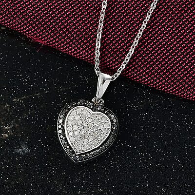 D'Joy White and Black Diamond 0.25 ctw Eternal Bond Heart Pendant Necklace in Rhodium Over Sterling Silver 20 Inches