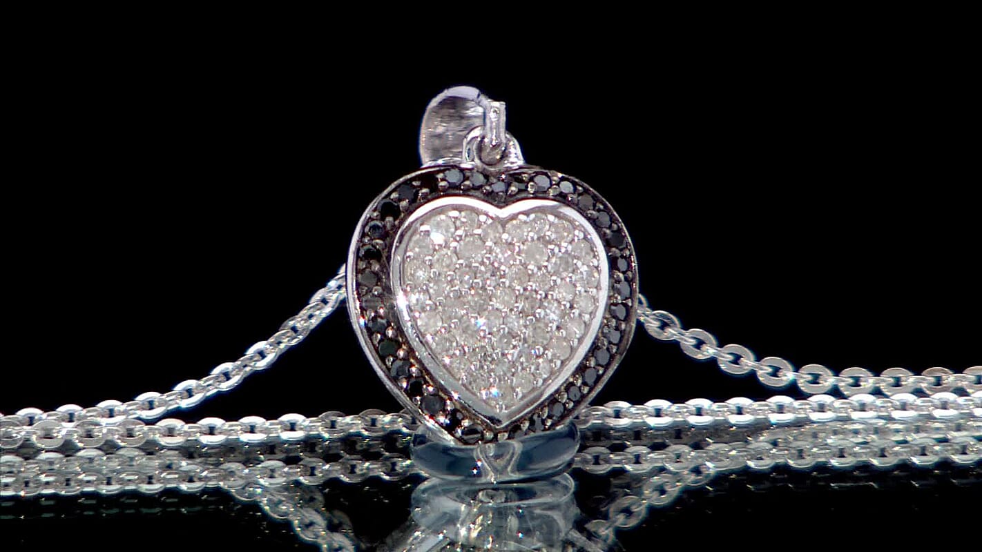 D'Joy White and Black Diamond 0.25 ctw Eternal Bond Heart Pendant Necklace in Rhodium Over Sterling Silver 20 Inches