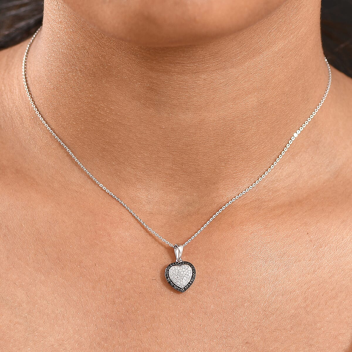 D'Joy White and Black Diamond 0.25 ctw Eternal Bond Heart Pendant Necklace in Rhodium Over Sterling Silver 20 Inches image number 2