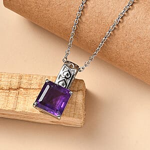 EverTrue African Amethyst 5.00 ctw Pendant Necklace in Stainless Steel 20 Inches 