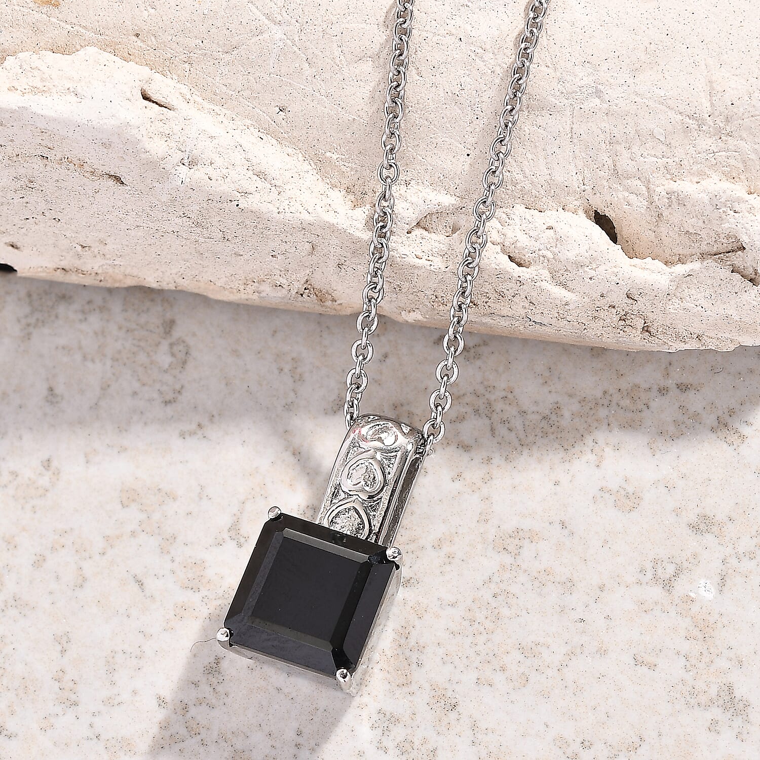 EverTrue Thai Black Spinel 6.70 ctw Pendant Necklace in Stainless Steel 20 Inches