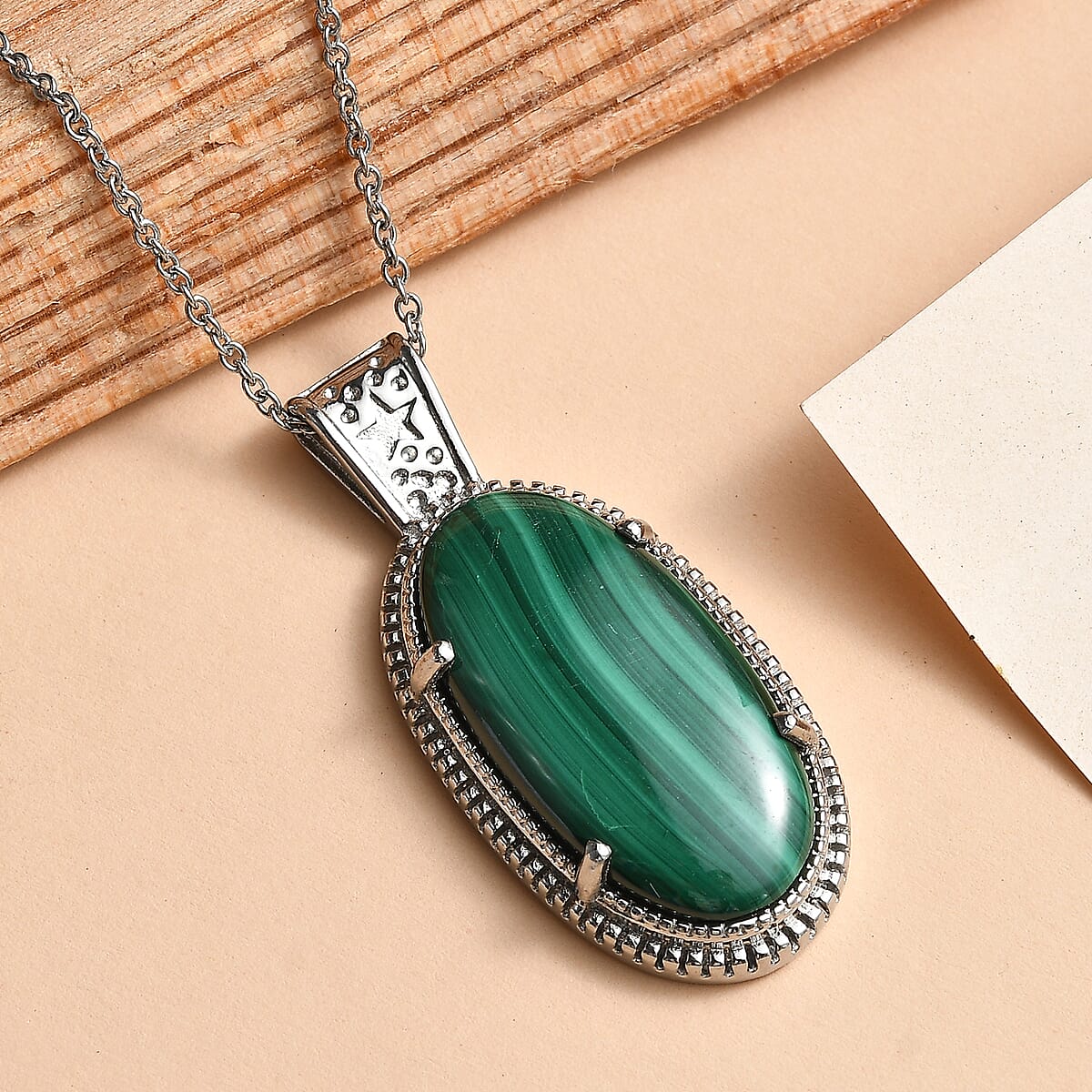 EverTrue African Malachite 27.75 ctw Pendant Necklace in Stainless Steel 20 Inches image number 1