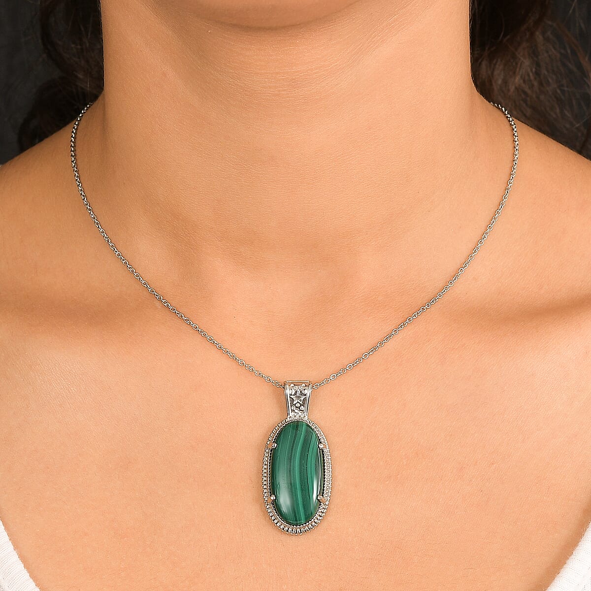 EverTrue African Malachite 27.75 ctw Pendant Necklace in Stainless Steel 20 Inches image number 2