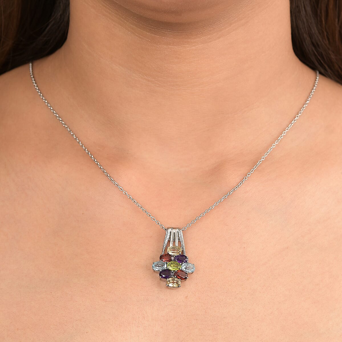 EverTrue Multi Gemstone Pendant Necklace in Stainless Steel 4.50 ctw (20 Inches) image number 2