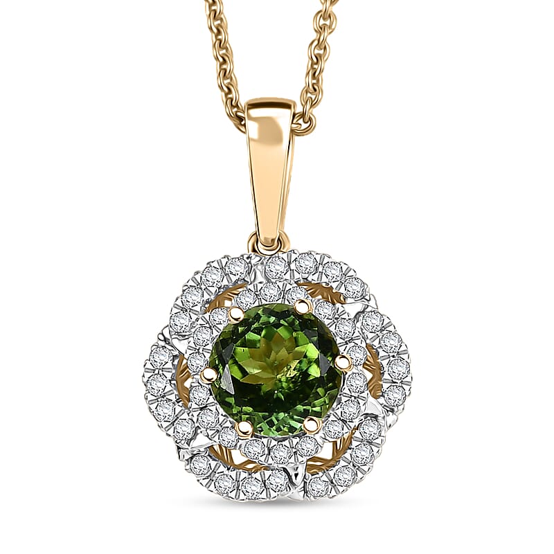 Certified & Appraised Luxoro AAA Sapo Tourmaline and I2 Diamond 1.52 ctw Pendant Necklace 20 Inches in 10K Yellow Gold
