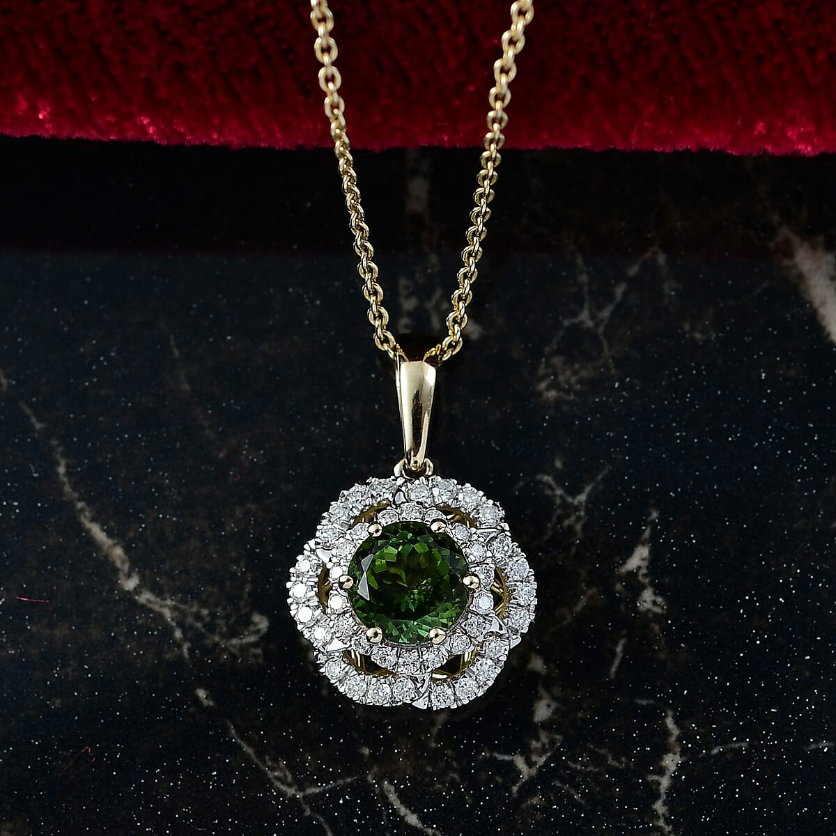 Certified & Appraised Luxoro AAA Sapo Tourmaline and I2 Diamond 1.52 ctw Pendant Necklace 20 Inches in 10K Yellow Gold image number 1