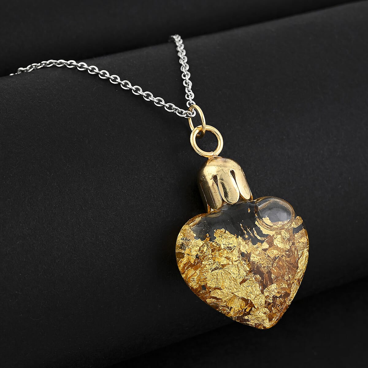Glass Figure Foil Miner Heart Pendant Necklace in ION Plated YG Stainless Steel 20 Inches image number 1