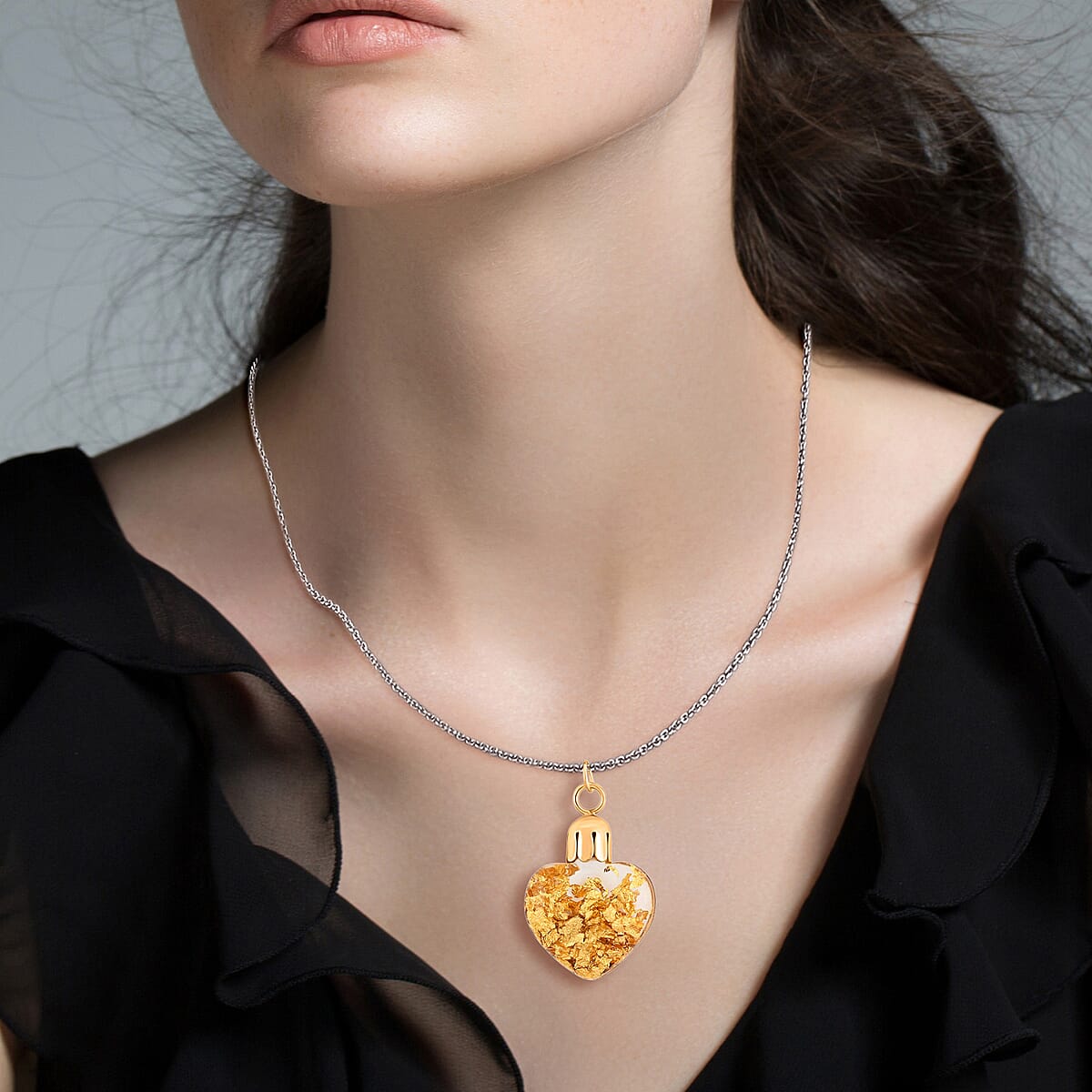 Glass Figure Foil Miner Heart Pendant Necklace in ION Plated YG Stainless Steel 20 Inches image number 2