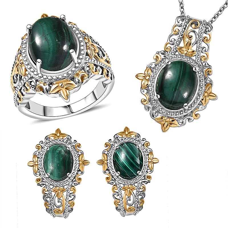EverTrue African Malachite 11.65 ctw Vintage Earrings, Ring (Size 5) and Pendant in 18K YG Plated and Platinum Bond with Stainless Steel Necklace 20 Inches