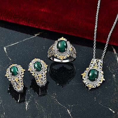 EverTrue African Malachite 11.65 ctw Vintage Earrings, Ring (Size 5) and Pendant in 18K YG Plated and Platinum Bond with Stainless Steel Necklace 20 Inches