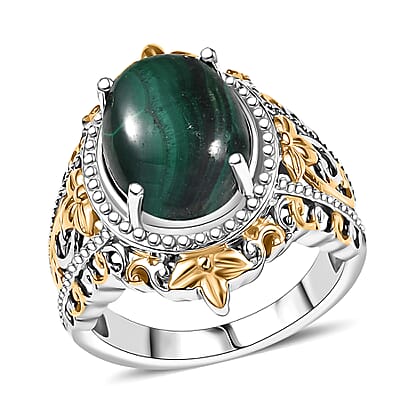EverTrue African Malachite 11.65 ctw Vintage Earrings, Ring (Size 5) and Pendant in 18K YG Plated and Platinum Bond with Stainless Steel Necklace 20 Inches
