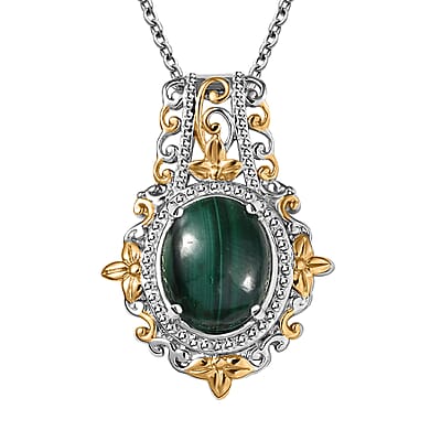 EverTrue African Malachite 11.65 ctw Vintage Earrings, Ring (Size 5) and Pendant in 18K YG Plated and Platinum Bond with Stainless Steel Necklace 20 Inches