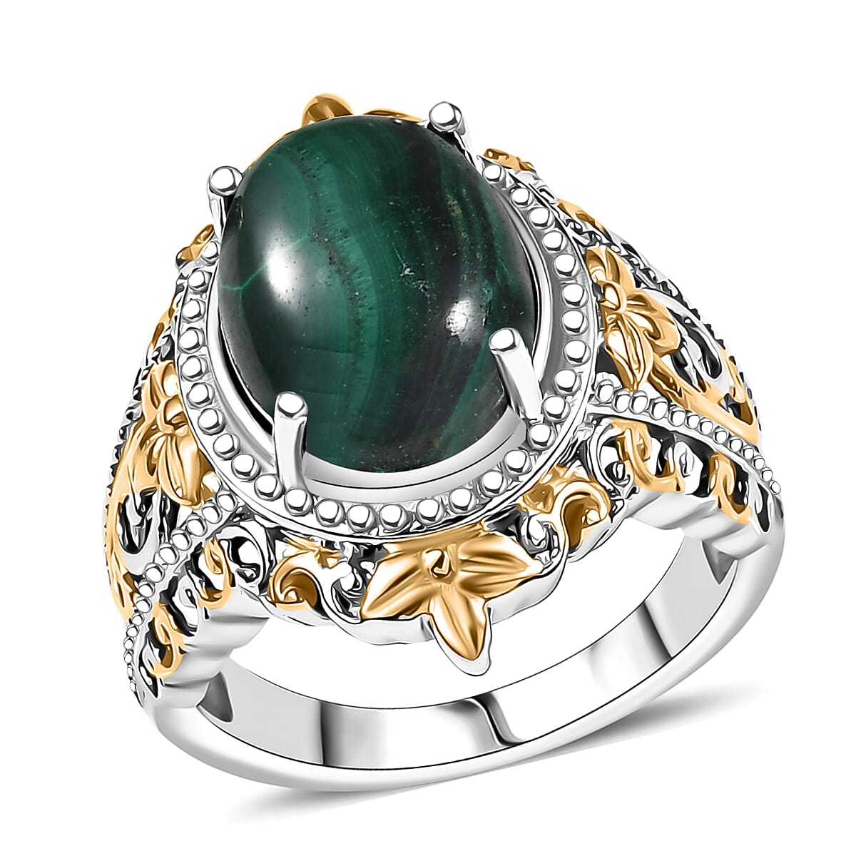 EverTrue African Malachite 11.65 ctw Vintage Earrings, Ring (Size 6) and Pendant in 18K YG Plated and Platinum Bond with Stainless Steel Necklace 20 Inches image number 3