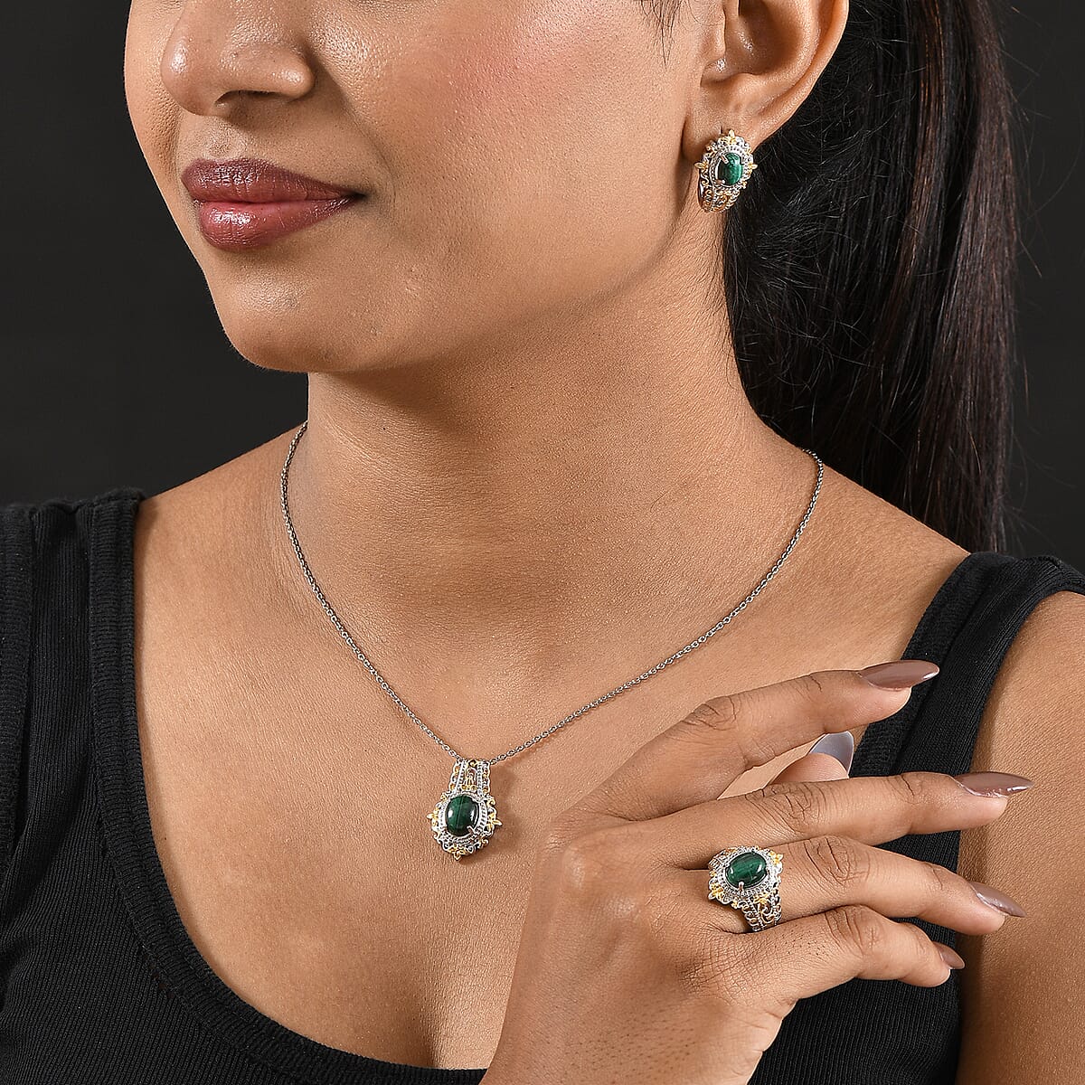 EverTrue African Malachite 11.65 ctw Vintage Earrings, Ring (Size 7) and Pendant in 18K YG Plated and Platinum Bond with Stainless Steel Necklace 20 Inches image number 2