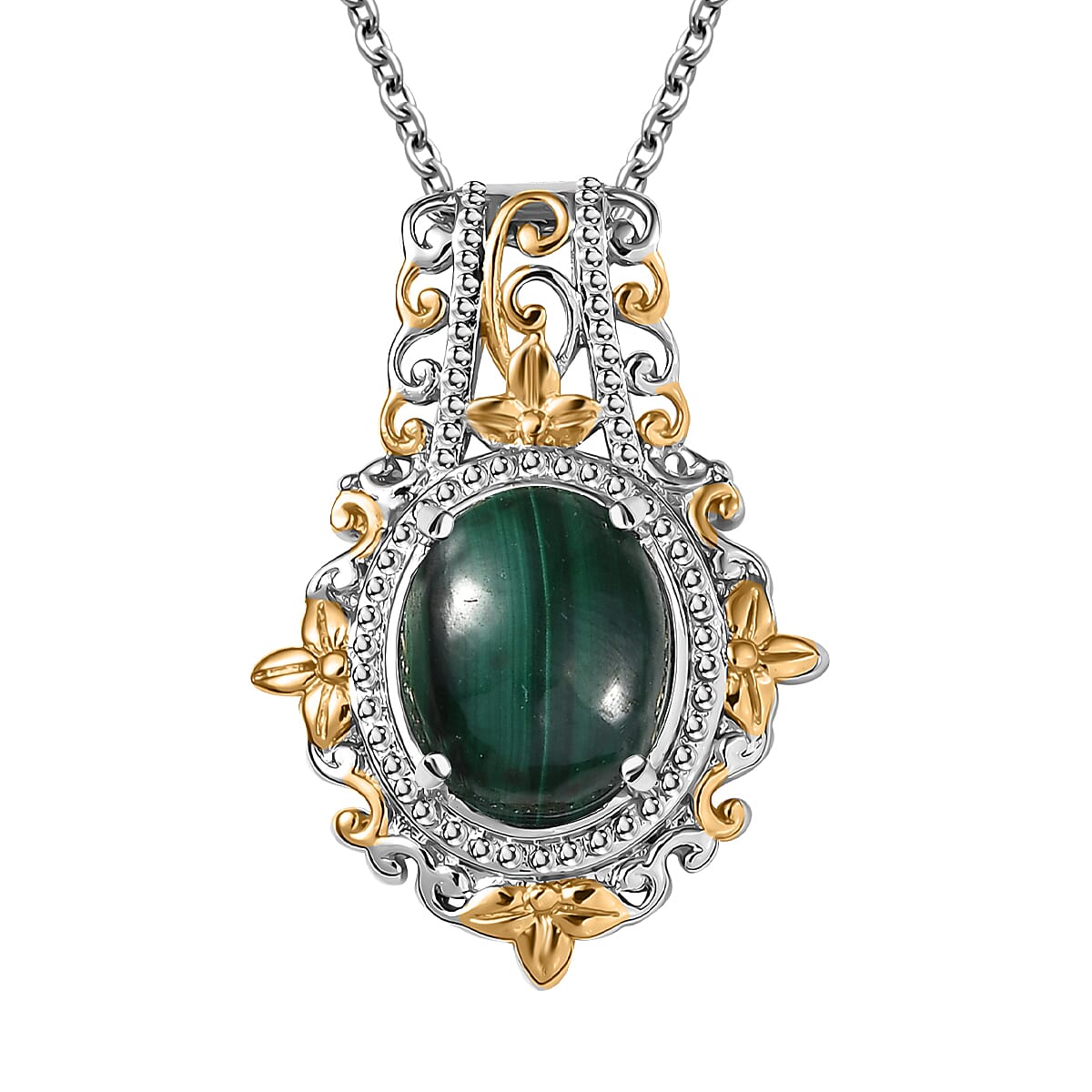 EverTrue African Malachite 11.65 ctw Vintage Earrings, Ring (Size 10) and Pendant in 18K YG Plated and Platinum Bond with Stainless Steel Necklace 20 Inches image number 6