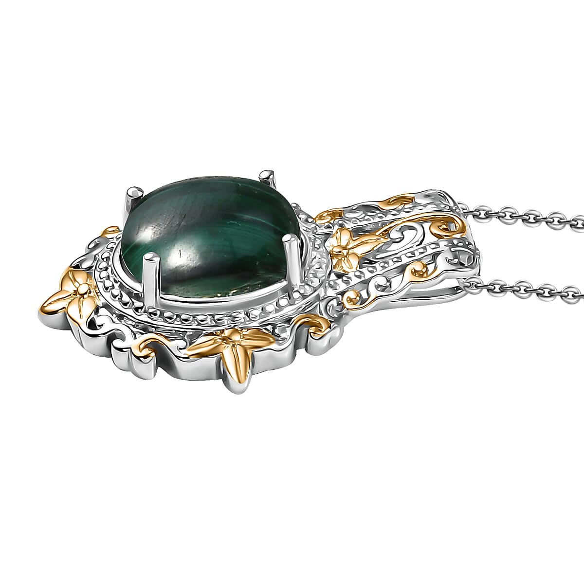 EverTrue African Malachite 11.65 ctw Vintage Earrings, Ring (Size 10) and Pendant in 18K YG Plated and Platinum Bond with Stainless Steel Necklace 20 Inches image number 7