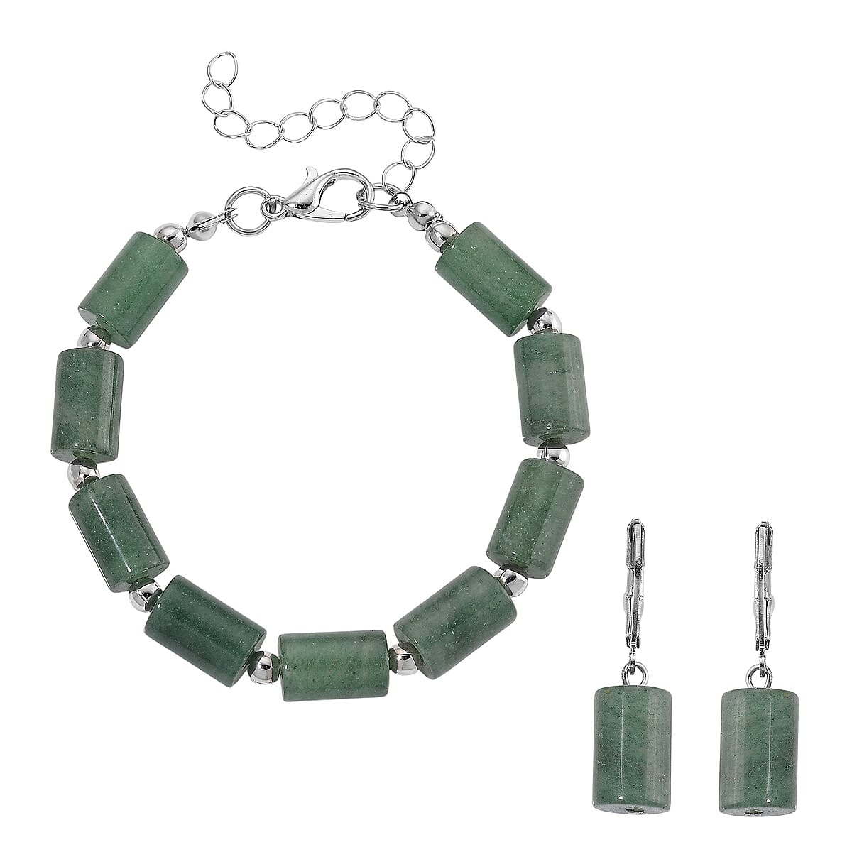 Green Aventurine 136.40 ctw Bracelet (7.00-9.00In) and Lever Back Earrings in Silvertone image number 0