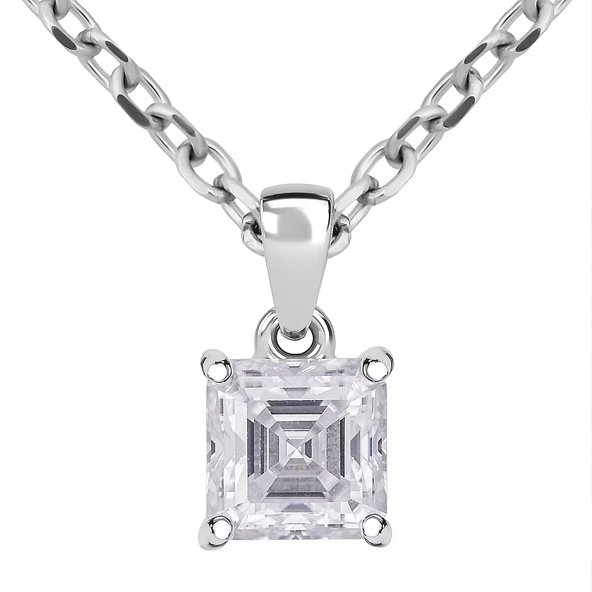 D'Joy Asscher Cut Moissanite 1.90 ctw Pendant in Rhodium Over Sterling Silver with Stainless Steel Necklace 20 Inches image number 0