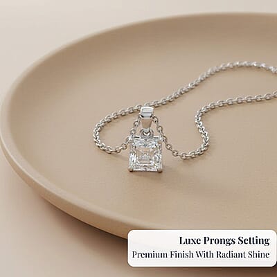 D'Joy Asscher Cut Moissanite 1.90 ctw Pendant in Rhodium Over Sterling Silver with Stainless Steel Necklace 20 Inches