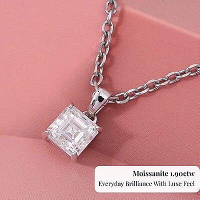 D'Joy Asscher Cut Moissanite 1.90 ctw Pendant in Rhodium Over Sterling Silver with Stainless Steel Necklace 20 Inches