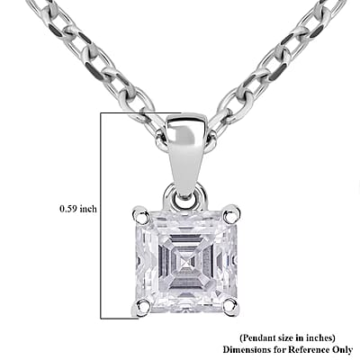 D'Joy Asscher Cut Moissanite 1.90 ctw Pendant in Rhodium Over Sterling Silver with Stainless Steel Necklace 20 Inches