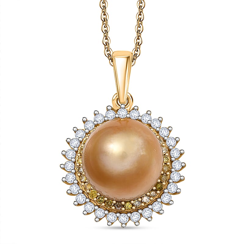 D'Joy South Sea Golden Pearl, Natural Yellow and White Diamond 0.45 ctw Sunburst Halo Pendant Necklace in 18K Vermeil Yellow Gold Over Sterling Silver 20 Inches
