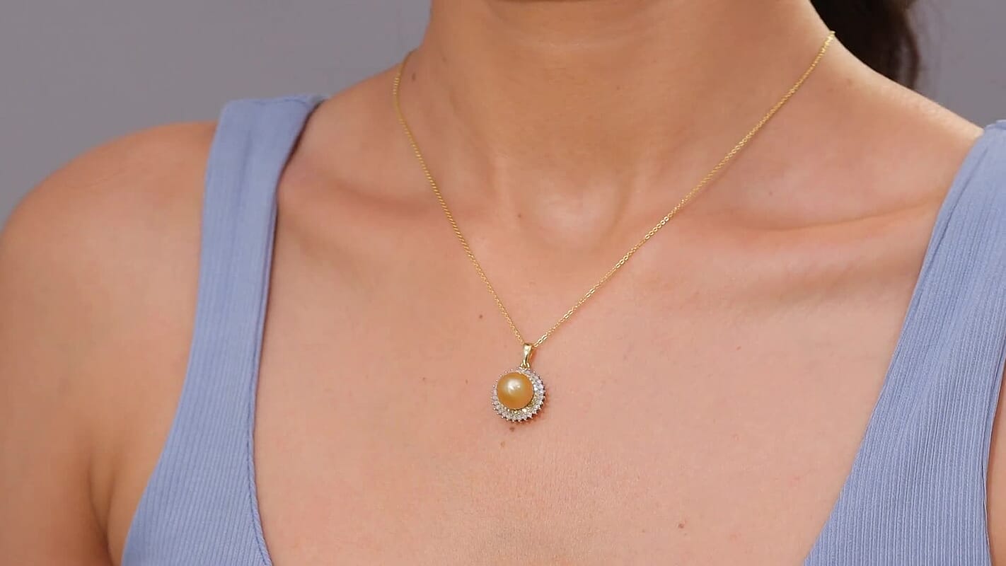 D'Joy South Sea Golden Pearl, Natural Yellow and White Diamond 0.45 ctw Sunburst Halo Pendant Necklace in 18K Vermeil Yellow Gold Over Sterling Silver 20 Inches